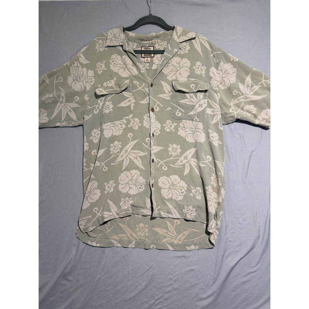 tommy bahama silk button up ss hawaiian shirt, light green, men's medium